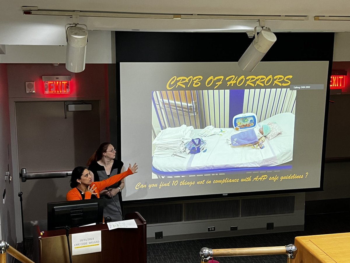 Spooky grand rounds this morning!!! Crib of horrors - spot 10 items that are NOT safe in infants’ cribs. #safesleep with Sophie Shaikh and Kristina Nazareth-Pidgeon.