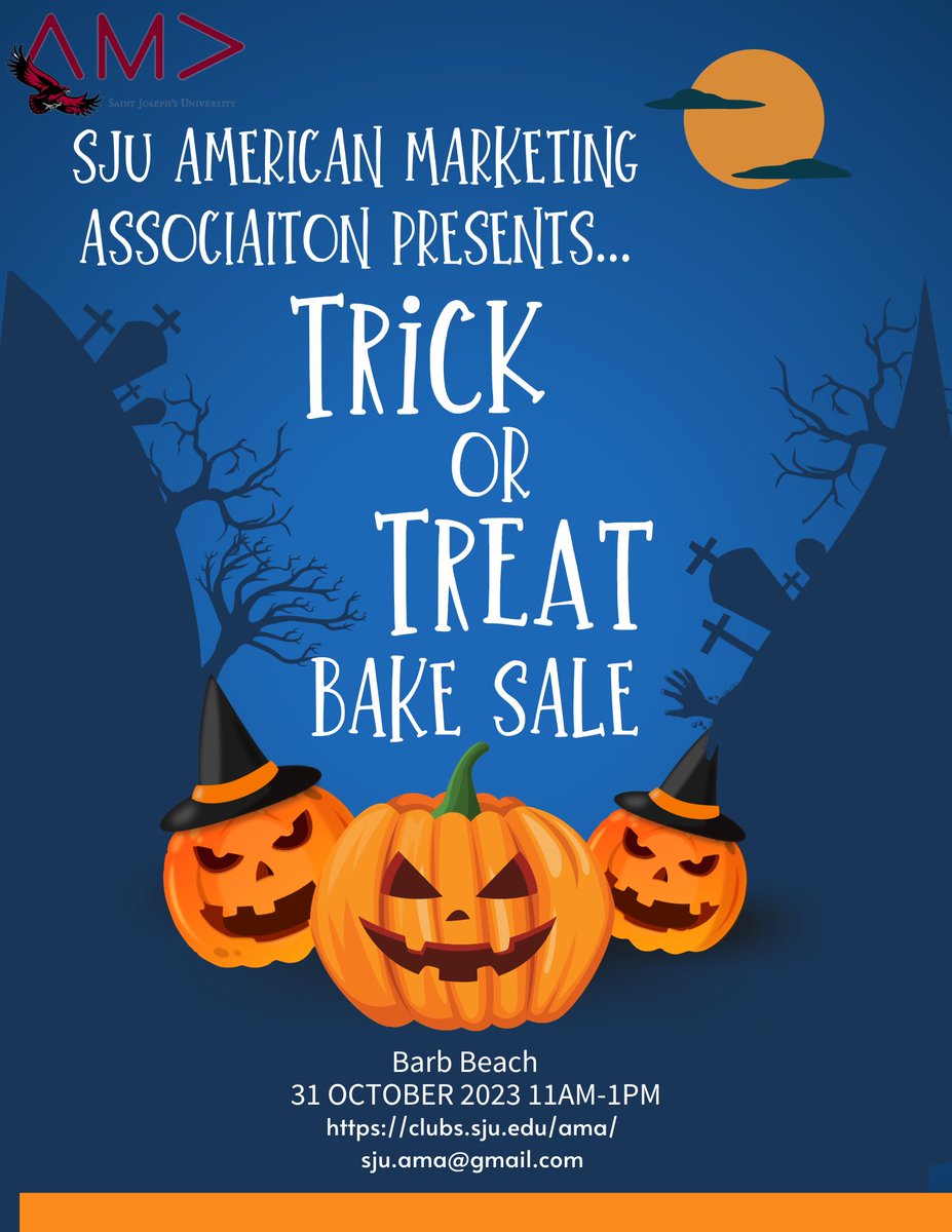 SJUAMA's tweet photo. Happy Halloween from SJU AMA! If you’re looking to Trick or Treat, make sure to stop by our table outside of the Drexel library today or “Barb Beach” from 11AM-1PM for sweet snack! https://t.co/CegOC1fguO