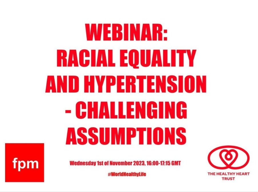 Join us tomorrow for our next
webinar on 'Racial #Equality and #Hypertension - challenging assumptions'. It will be taking place on Wednesday the 1st of
November, between 16:00-17:15GMT. healthyheartcharity.com/2023/06/16/wor… #WorldHealthyLife
