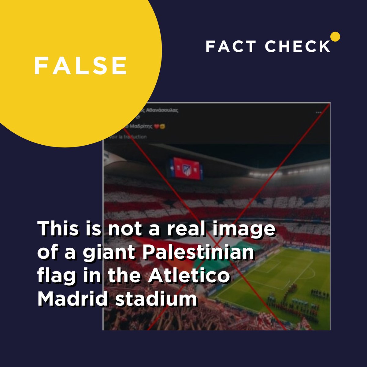 An image has gone viral on social media purporting to show fans of the Spanish football team Atletico Madrid waving a giant Palestinian flag during a match.
Read the facts here:
bit.ly/giant-palestin…

#EDMOeu #MedDMO #FactChecking #Factcheck #News