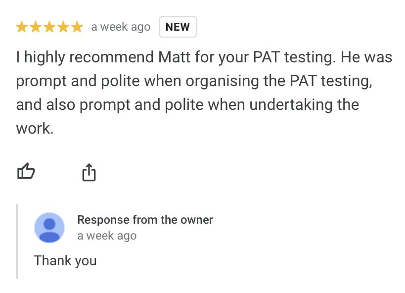 ⭐️⭐️⭐️⭐️⭐️

Another 5⭐️ Google review  🙌🏼

#Review #TestimonialTuesday #PATtesting #SheffieldIsSuper #PatTester #Reccomendation #Reccommended #WordOfMouth