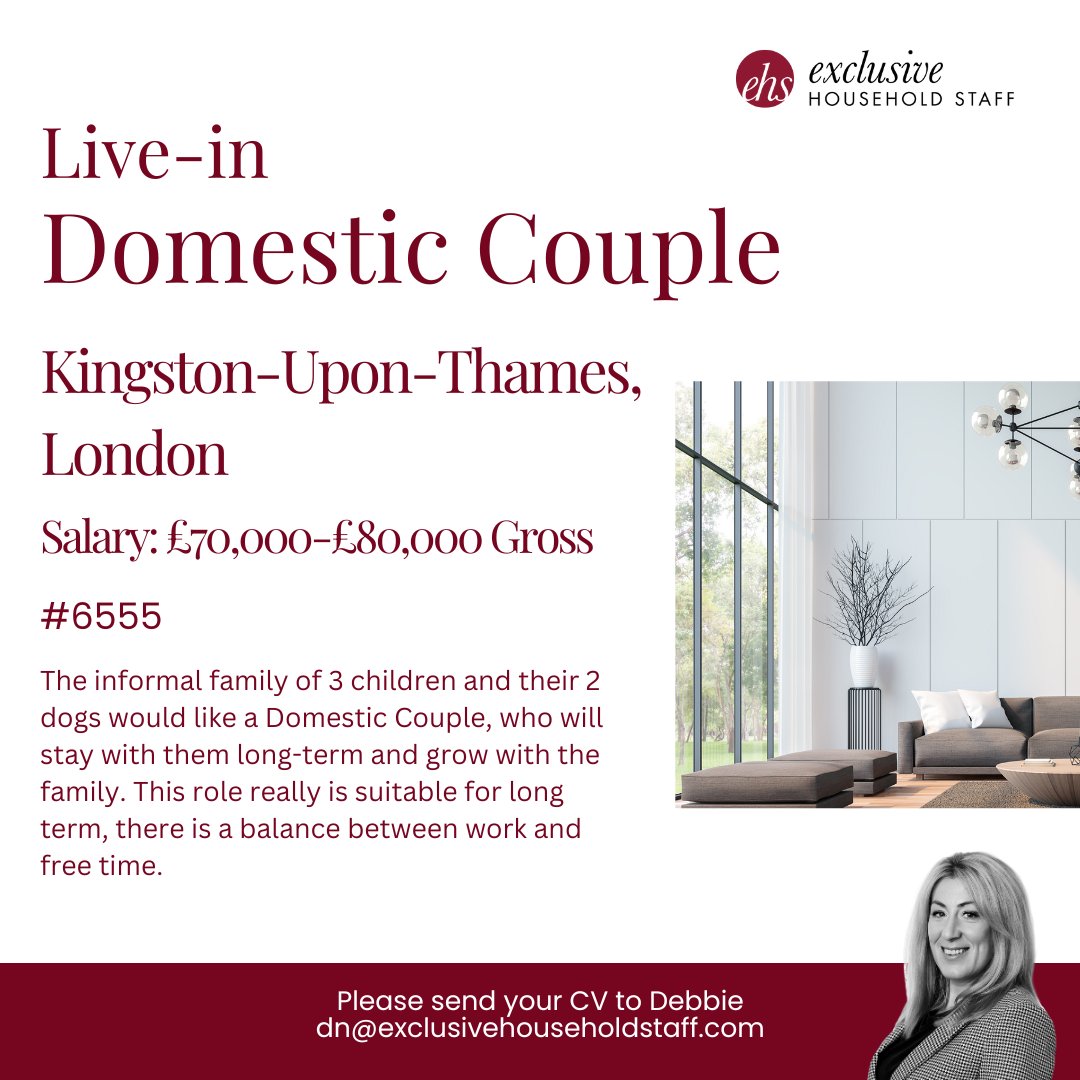 Our clients are seeking a Live-in Domestic Couple for their beautiful 4 storey residence in Kingston-Upon-Thames.

exclusivehouseholdstaff.com/vacancies/view…

#liveindomesticcouple  #domesticcouple #londondomesticcouple #londonjobs #londonprivatestaff #domesticstaff #privatestaff #privatestaffing