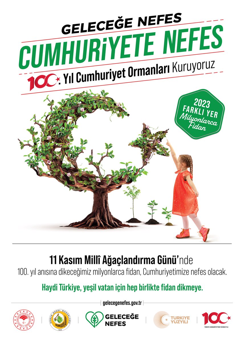 11 Kasım Millî Ağaçlandırma Günü’nde 81 ilimizde Cumhuriyet Ormanları kuracağız.🇹🇷

Cumhuriyetimizin 100. yıl hatırasını Yeşil Vatan’ımızda ilelebet yaşatacağız.💚

81 ildeki 2023 lokasyonda dikeceğimiz milyonlarca fidan, #CumhuriyeteNefes olacak.

Haydi Türkiye, fidan dikmeye🌲