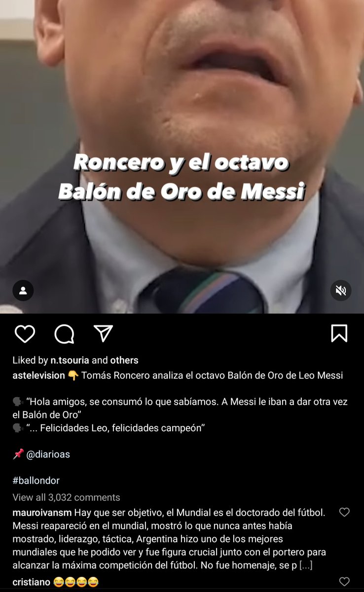 RoyNemer's tweet photo. 🚨 Cristiano Ronaldo reacts to Tomas Roncero's video about Lionel Messi winning the Ballon d'Or, as he likes and comments.

Roncero: "Hello friends. What we knew has happened. They were going to give another Ballon d’Or to Messi. He went to retire at Miami, but he was already looking retired at PSG to prepare for the World Cup. He won the World Cup, yes, well, but with 6 penalties in their favor.

"The World Cup was 10 months ago, we’re in November. Messi has eight Ballon d’Ors well, he should have five, he has the Ballon d’Ors of Iniesta and Xavi, Lewandowski who won six trophies in one season and Haaland who was the top scorer of everything."