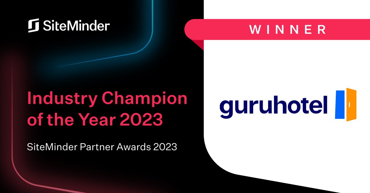🏆 Exciting News from GuruHotel! 🏆

We're thrilled to share that GuruHotel has been honored with the 'Industry Champion of the Year' award at SiteMinder's Partner of the Year Awards 2023!
