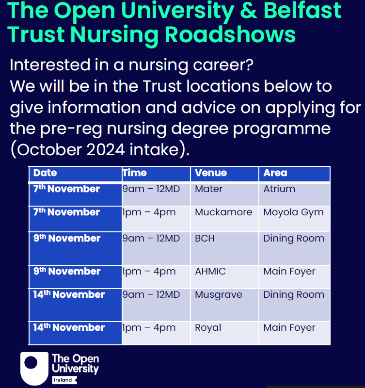 Come and chat with us in the Belfast Trust on the following dates. @BelfastTrust @UnaLedger @1SteveMcK @CarolCh26497294 @OUBelfast