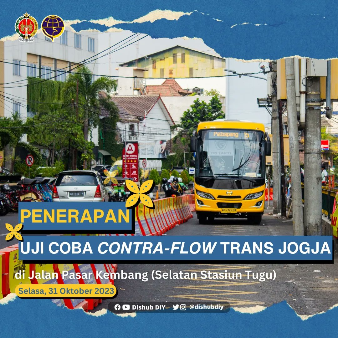 Selasa (31/10/2023), Dinas Perhubungan Daerah Istimewa Yogyakarta (DIY) memulai penerapan uji coba contra flow di Jalan Pasar Kembang, Yogyakarta, yang khusus dipakai oleh bus Trans Jogja.