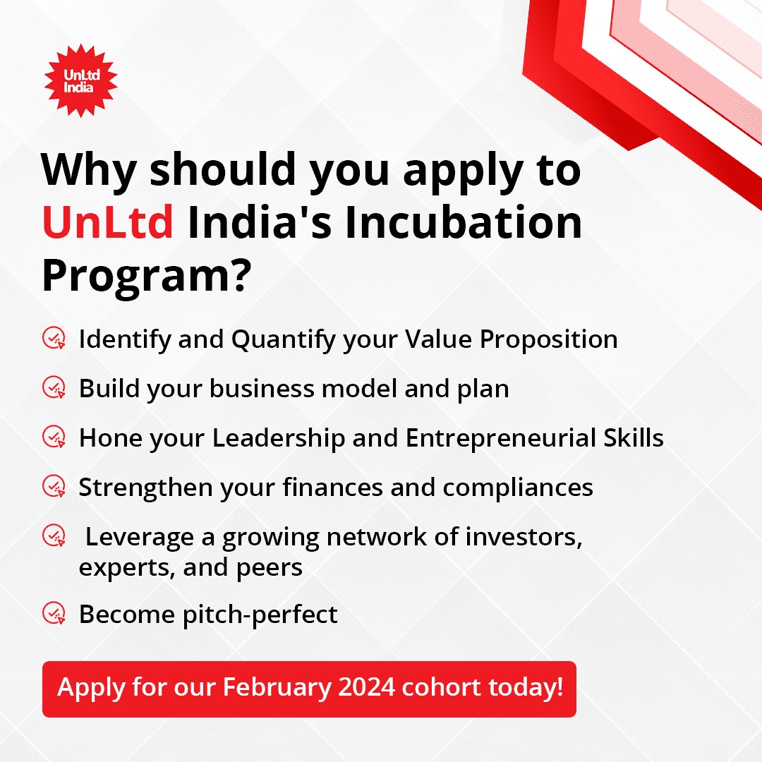 Applications for our February 2024 cohort are open. Who can apply? 1. Women-led for-profit social enterprises across sectors OR 2. NGOs in the education space only Learn more about our Incubation program and it's ability to benefit you here: unltdindia.org/february-2024-…