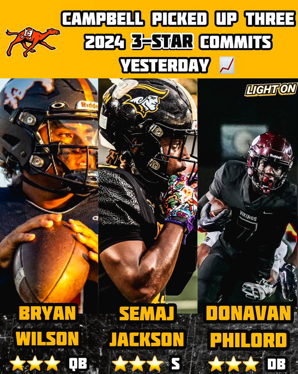 Campbell picked up three 2024 3-Star commits yesterday. 📈🐪
• Bryan Wilson (3⭐️ QB)
• Semaj Jackson (3⭐️ S)
• Donavan Philord (3⭐️ DB)

#RollHumps <a href="/qb3wilson/">Bryan Wilson 3 🌟QB</a> <a href="/Nolimitmaj__/">Semaj Jackson</a> @PhilordsIsland