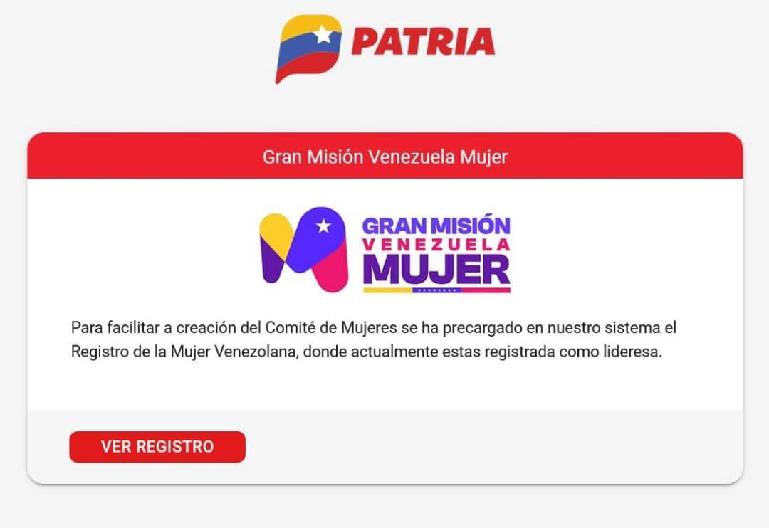 ¡Victoria popular! Ahora, el Registro de la Mujer Venezolana se ha incorporado a la Plataforma PATRIA. Desde PATRIA.org.ve, podrás validar y registrar tu COMITÉ DE MUJERES, formando parte de la Gran Misión Venezuela Mujer💜🇻🇪. Bienestar y atención oportuna! #Venezuela