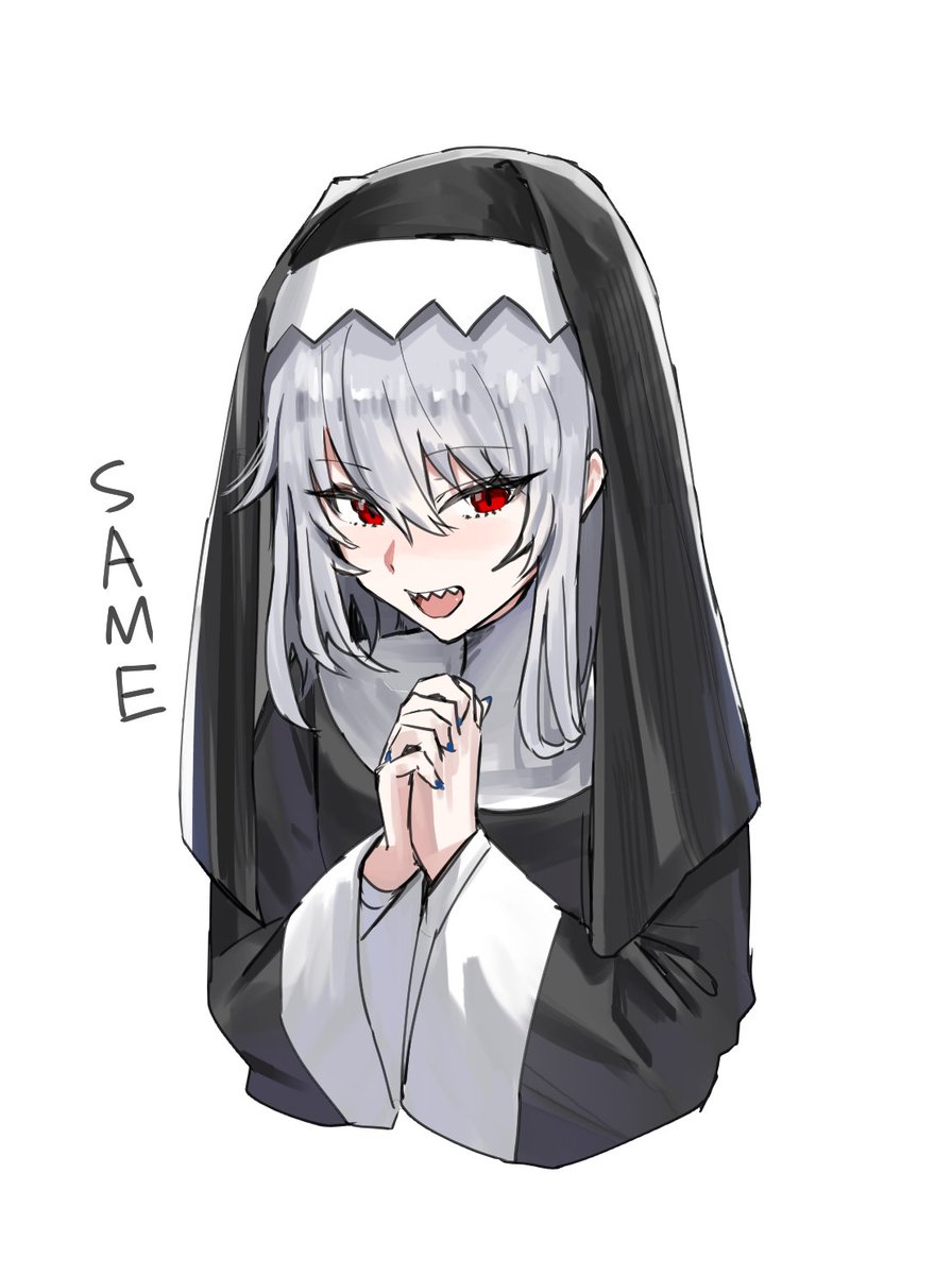 specter (arknights) 1girl solo red eyes nun sharp teeth habit white background  illustration images