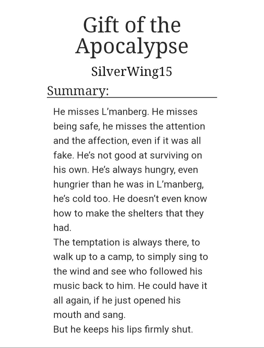 Gift of the Apocalypse
By SilverWing15 

archiveofourown.org/works/39792723

Post Apocalypse, Superpowers, Wilbur Soot Is Not Okay, Wilbur Soot Needs a Hug, Angst With a Happy Ending

Oneshot

Go follow the author @S1lverwing5
