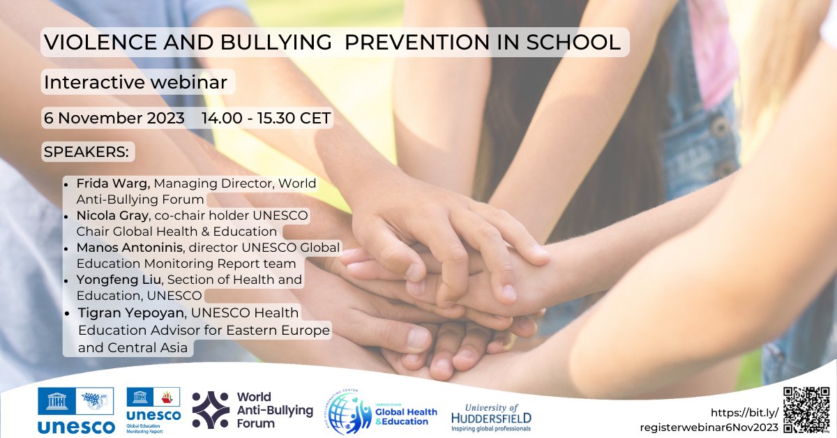 UNESCO Chair Global Health & Education (@unescochairghe) on Twitter photo Is it possible to end violence and bullying in school?
Find out during the webinar: Violence and bullying prevention in school on 6 November
More info: bit.ly/webinar_6_Nov
<a href="/unescoiite/">UNESCO IITE</a> <a href="/GEMReport/">Global Education Monitoring Report UNESCO</a> <a href="/HuddersfieldUni/">University of Huddersfield</a> <a href="/NickyJGray/">Nicola Gray</a> <a href="/ManosAntoninis/">Manos Antoninis</a>
#bullying #violence #prevention Is it possible to end violence and bullying in school?
Find out during the webinar: Violence and bullying prevention in school on 6 November
More info: bit.ly/webinar_6_Nov
<a href="/unescoiite/">UNESCO IITE</a> <a href="/GEMReport/">Global Education Monitoring Report UNESCO</a> <a href="/HuddersfieldUni/">University of Huddersfield</a> <a href="/NickyJGray/">Nicola Gray</a> <a href="/ManosAntoninis/">Manos Antoninis</a>
#bullying #violence #prevention