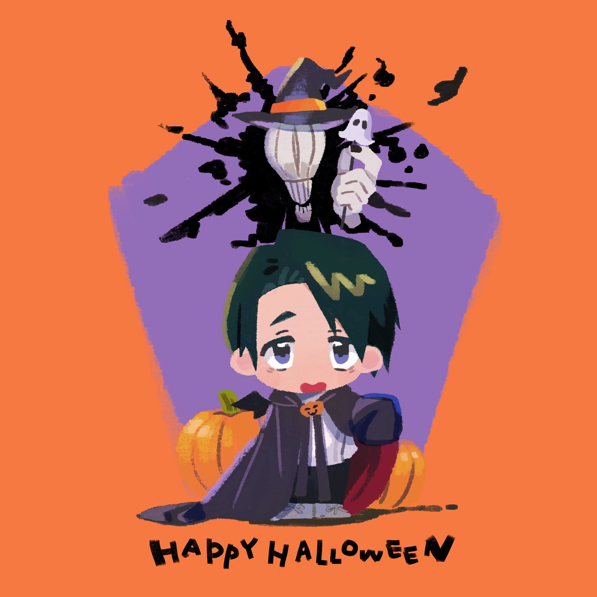 1boy male focus halloween jack-o'-lantern happy halloween hat cape  illustration images