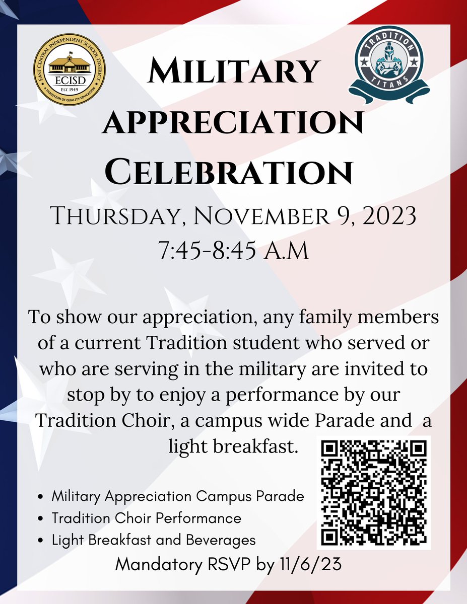 Tradition Elementary (@traditiontitans) on Twitter photo Join us as we honor our military veterans! Don't forget to RSVP by Nov. 6th <a href="/TraditionTitans/">Tradition Elementary</a> <a href="/ECISDtweets/">East Central ISD</a> Join us as we honor our military veterans! Don't forget to RSVP by Nov. 6th <a href="/TraditionTitans/">Tradition Elementary</a> <a href="/ECISDtweets/">East Central ISD</a>