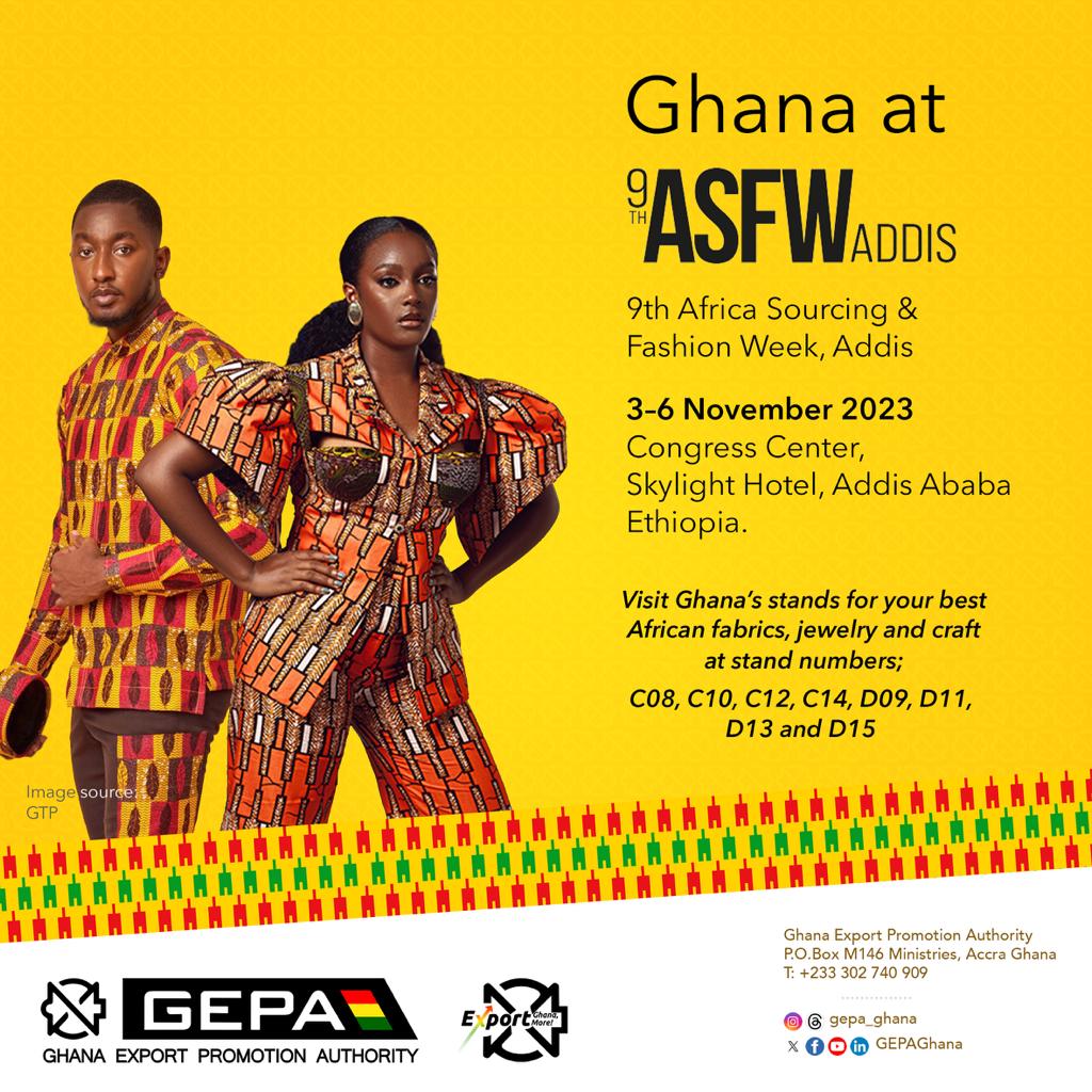 GEPAGhana's tweet photo. Supported by @GEPAGhana, Ghanaian exporters will display the essence of our heritage at the 9th Africa Sourcing and Fashion Week in Addis Ababa!
Keep an eye out for the captivating blend of tradition and creativity!
#ExportGhanaExportMore #ASFW2023 #promotingexcellence https://t.co/jXtLPbb3Xz