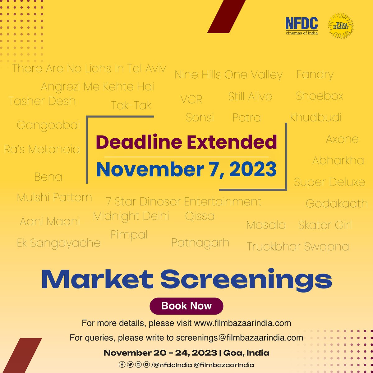 Great news! Market screening booking date has been extended to November 7th. Don't wait, secure your spot today! Showcase your films to sales agents, distributors, producers, and festival programmers from around the world. Please visit our new website filmbazaarindia.com