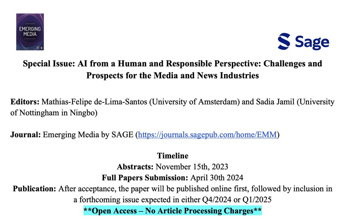 Mathias Felipe (@mathias_felipe) on Twitter photo 📢 Call for Papers! 📝 We are looking for contributions to our Special Issue on "AI from a Human and Responsible Perspective"🤖 for SAGE's <a href="/_EmergingMedia/">Emerging Media: Technology, Industry, and Society</a> journal. Submission details in the link: bit.ly/EMAI
#AIJournalism #ResponsibleAI #CallForPapers #AcademicTwitter 📢 Call for Papers! 📝 We are looking for contributions to our Special Issue on "AI from a Human and Responsible Perspective"🤖 for SAGE's <a href="/_EmergingMedia/">Emerging Media: Technology, Industry, and Society</a> journal. Submission details in the link: bit.ly/EMAI
#AIJournalism #ResponsibleAI #CallForPapers #AcademicTwitter