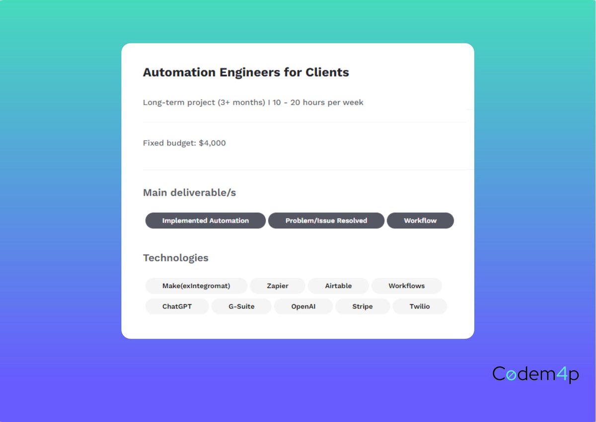 codemap_io's tweet image. Featured #nocode job of the day: An automation agency looking for automation engineers
💰 $4,000
💼 Long-term project
🛠 @Make_hq, @Zapier, @Airtable...
🤓 Workflow automation, API integrations, Consulting
Interested? Learn more via the link below! 👇
codemap.io/project/Automa…