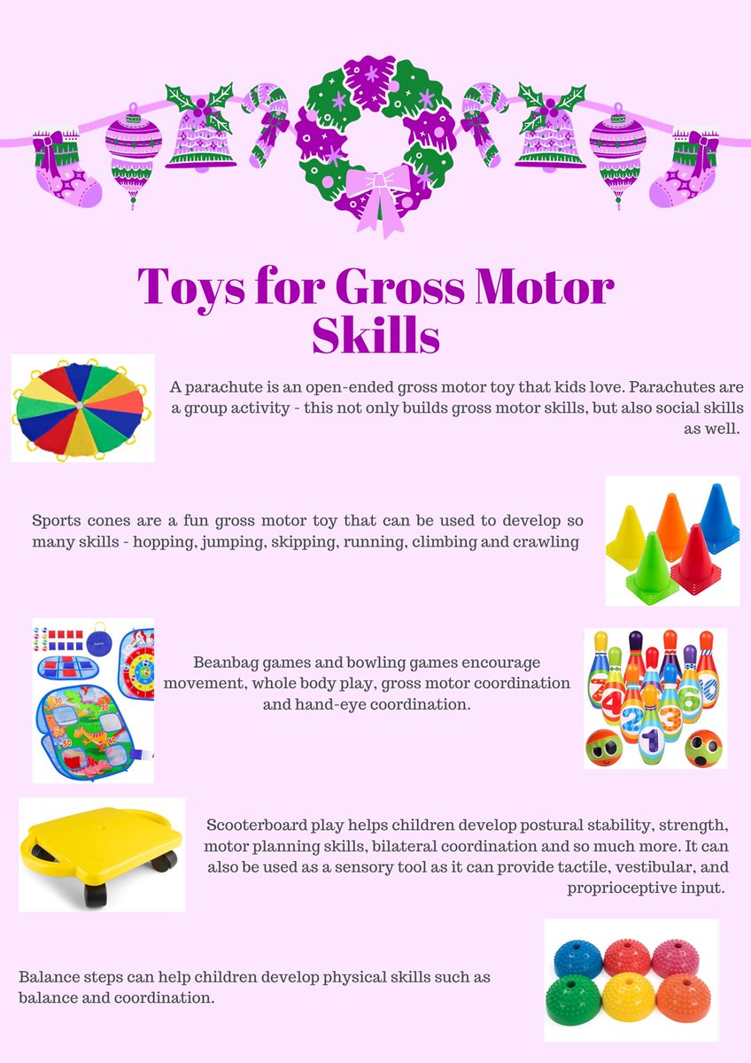 Today we are going to look at gross motor toy ideas. Gross motor toys can incorporate bilateral coordination, motor planning, coordination, proprioceptive input and vestibular input. All of these areas work together in functional tasks and all are rooted in gross motor skills.