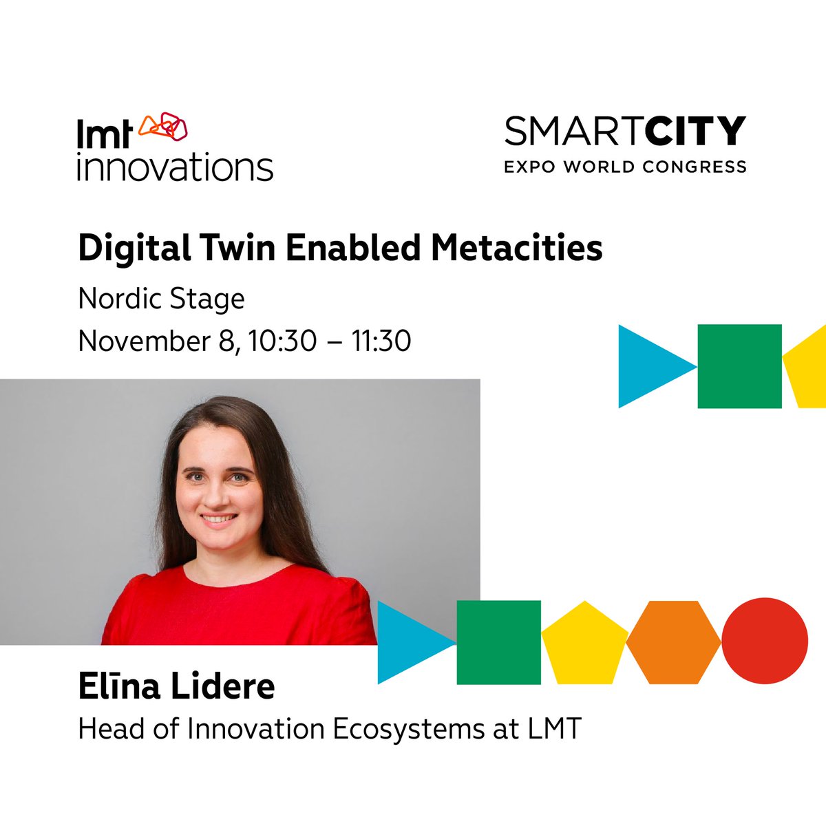 Ready for the <a href="/SmartCityexpo/">Smart City Expo World Congress</a>? Swing by the Nordic + pavilion stage on November 8th for a session "Digital Twin Enabled Metacities" where <a href="/ElinaLidere/">Elīna Lidere</a>, our Head of Innovation Ecosystems, will discuss the concept and its potential impact on urban planning.

See you there!
#scewc23
