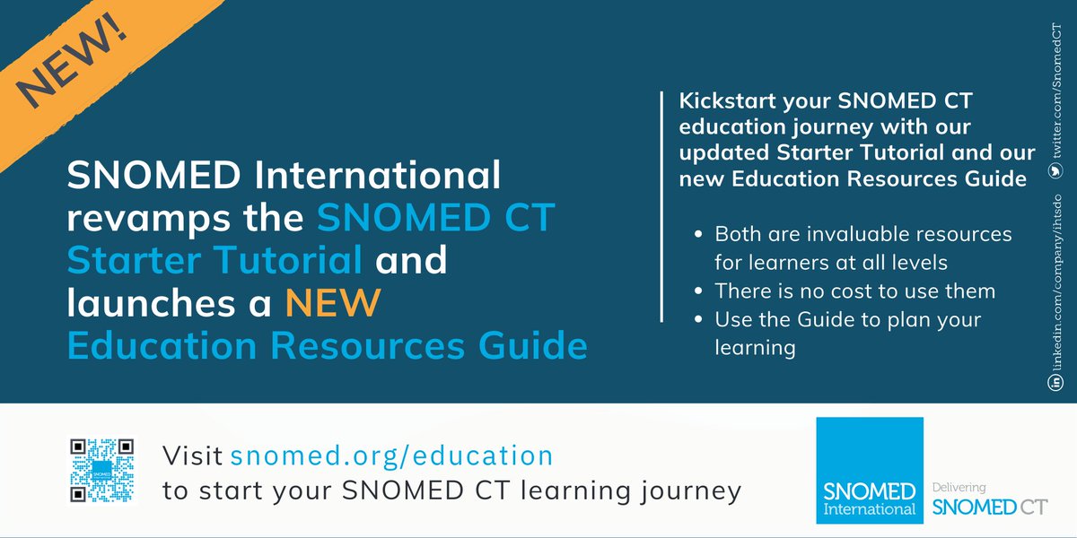 Do you need a #snomedct refresher (or introduction) – or some more in-depth learning? Visit elearning.ihtsdotools.org/course/view.ph… access our updated #snomedct Starter Tutorial and our NEW interactive Education Resources Guide for everything you need to know!