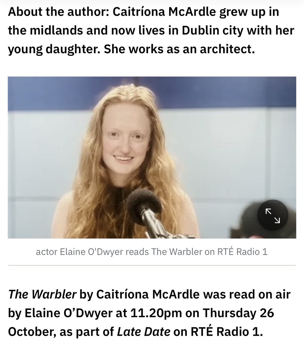 I got to read the “THE WARBLER” by Caitriona McArdle on <a href="/RTERadio1/">RTÉ Radio 1</a> - a beautifully crafted #shortstory which was shortlisted for the RTE Short story competition. Have a listen if you want to take a moment…rte.ie/culture/2023/1…