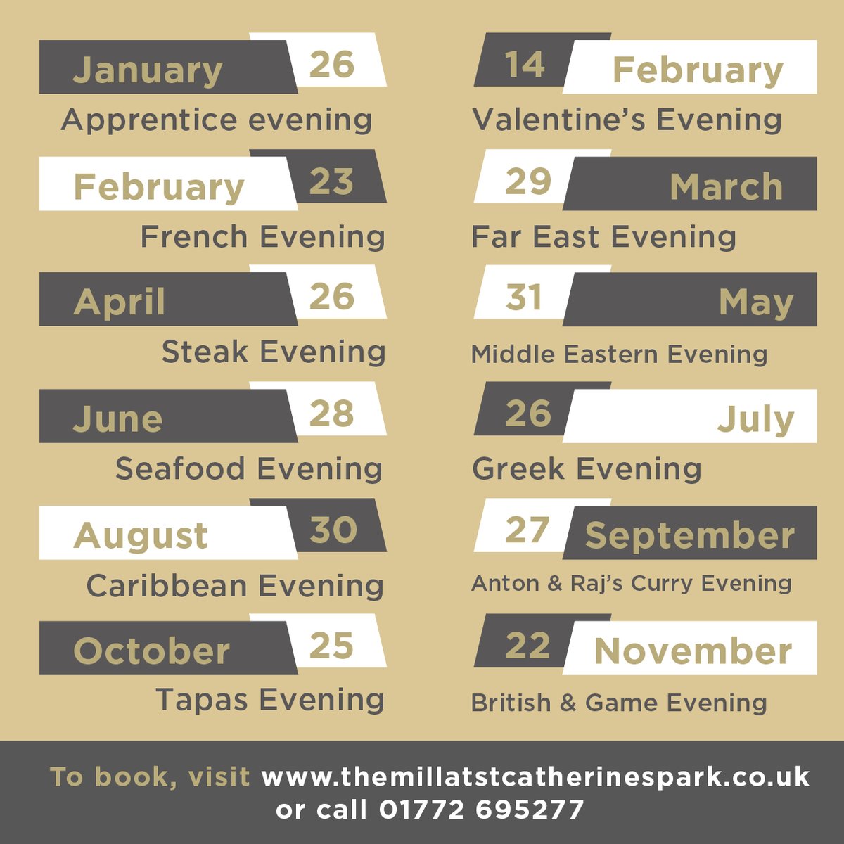 We are pleased to announce our 2024 calendar of theme evenings - why not join us for fabulous food &amp; great hospitality at The Mill?
Our evenings are always sold out so book early to avoid disappointment: themillatstcatherinespark.co.uk