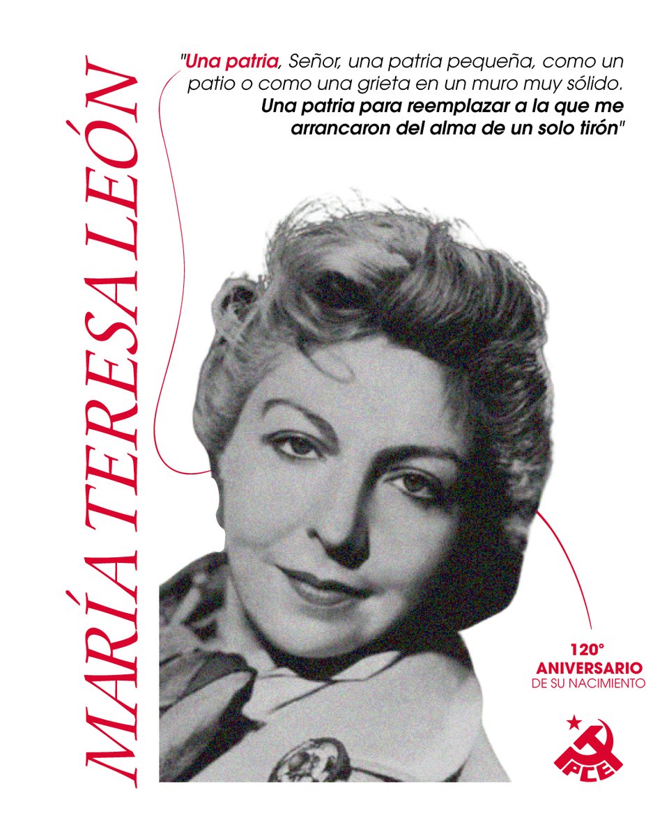 #TalDíaComoHoy hace 120 años nacía María Teresa León. Escritora y militante comunista, defensora de los derechos de las mujeres, fue parte de la vanguardia intelectual de la España masacrada y expulsada al exilio por el fascismo. Presente su ejemplo de lucha y compromiso. 🟥✊