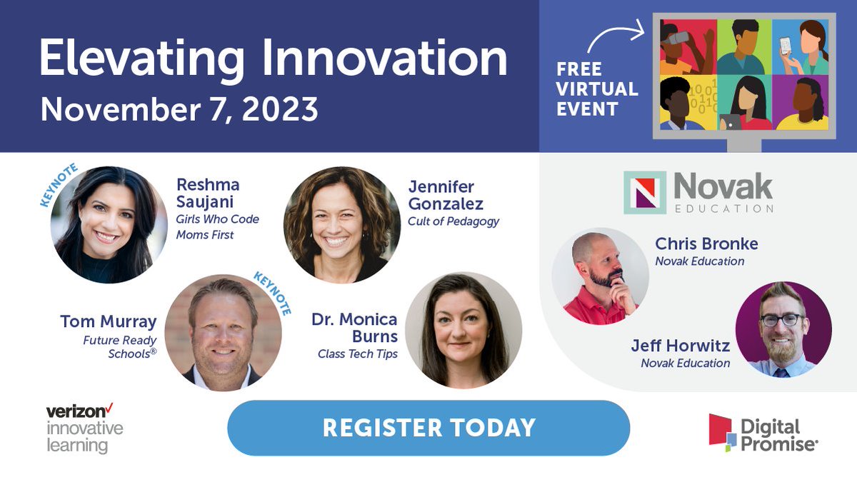 On Nov. 7, hear from @FutureReady’s @ThomasCMurray; @RebeckaMozdeh; @NovakEducation; @ClassTechTips; @CultofPedagogy; and more at #ElevatingInnovation23, a FREE virtual conference presented by @DigitalPromise and #VerizonInnovativeLearning: bit.ly/3s7PX2M