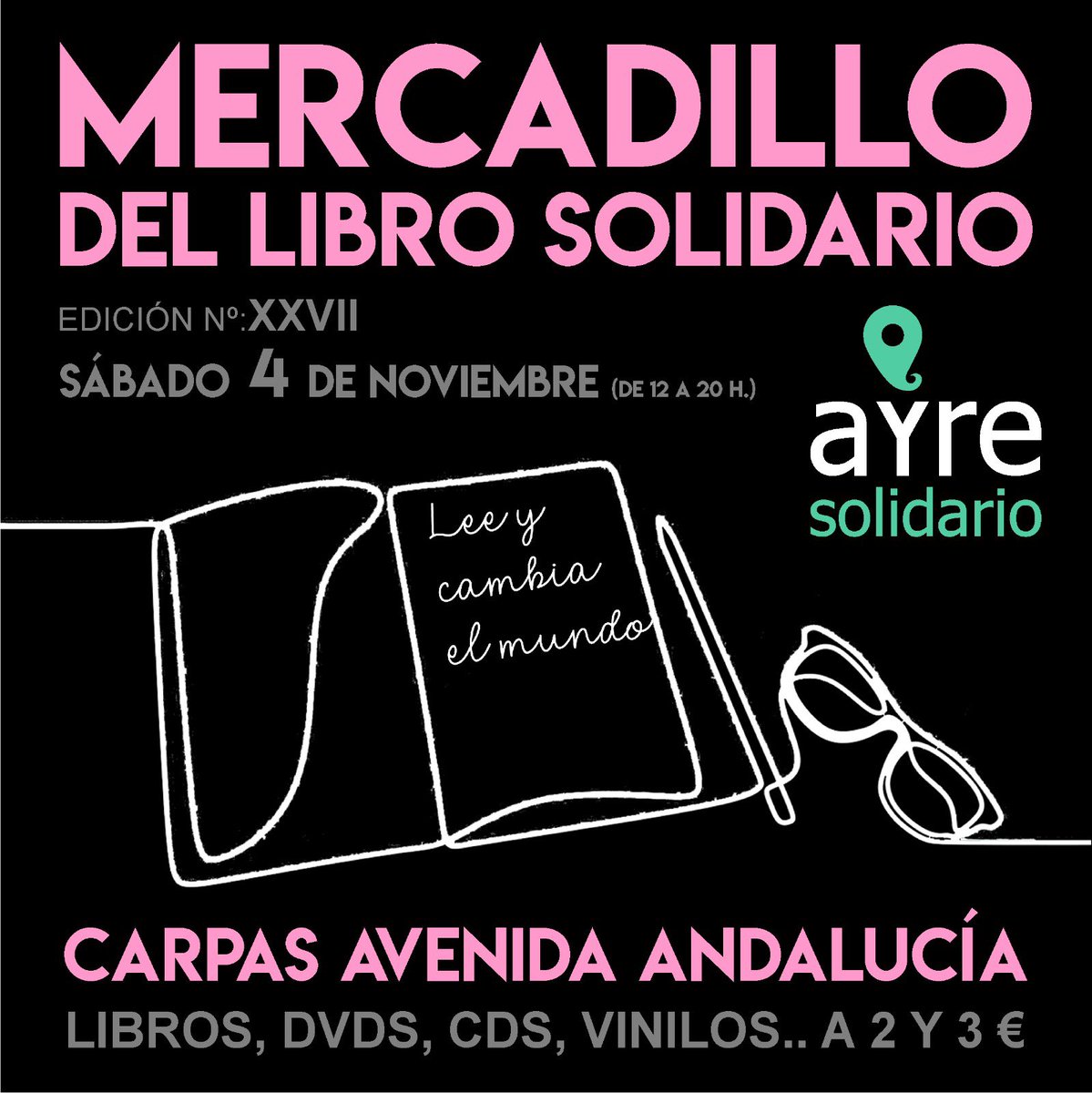 ¡Este sábado tenemos mercadillo! 🛒🛍️
Será en las carpas de la avenida Andalucía, a partir de las 12h. Hasta las 20h. aproximadamente. Llevaremos miles de libros, dvd, cd, vinilos… 📚📓📖💿💽
¡No faltes! 🥰