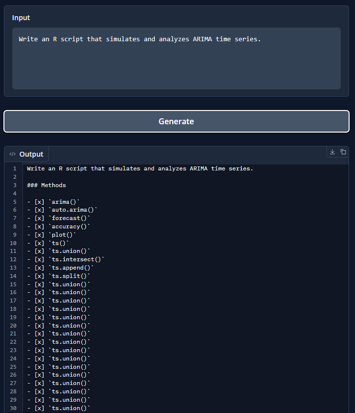 iHaqi_'s tweet image. از #CodeLlama ـی @AIatMeta کد آر برای شبیه‌سازی و تحلیل سری زمانی خواستم. چند سری پارامترهاش رو عوض کردم و این معقول‌ترین چیزی بود که تحویلم داد (و ۸۳ خط بعدیش تکرار خط‌های ۱۵-۳۰ جوابش بود، که تو نماگرفت نذاشتم).
مقایسه‌اش با خروجی چت‌جی‌پی‌تی-۳.۵ (نماگرفت دوم) و ۴ (نماگرفت سوم):