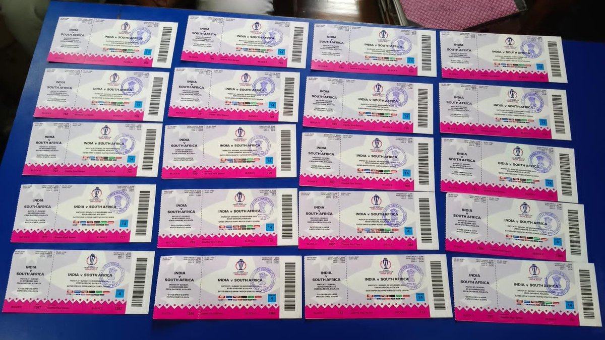 Kolkata, West Bengal | A man named Ankit Agarwal was arrested for selling the ICC Cricket World Cup India Vs South Africa match tickets worth Rs. 2500 at Rs. 11,000 each. Kolkata Police seized a total of 20 tickets from his possession for the India Vs South Africa match which is