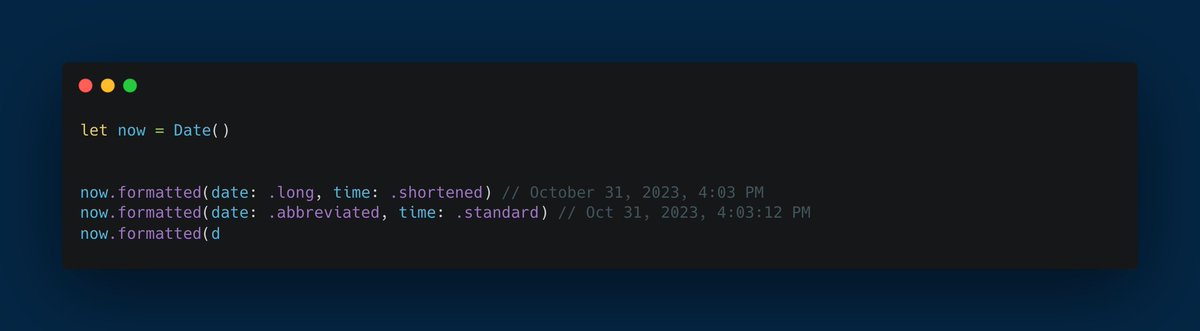 brunolorenzop's tweet image. If you need to display dates in your app with a custom format, take a look at `formatted(date:time:)` function

#swiftlang #iosprogramming