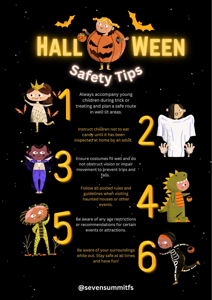 Sevensummitsfs's tweet image. Good Morning SSFS Family &amp;amp; HAPPY HALLOWEEN🎃

SSFS Presents Halloween Safety Tips to Help Ensure a Safe &amp;amp; Successful Halloween Experience!

THE GREATEST TIP OF ALL IS TO ALWAYS HAVE FUN!👻

SSFS wishes all of our communities a SAFE and FUN Halloween!

#halloweentips #ssfs