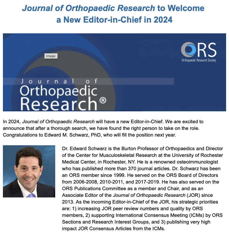 Rochester CMSR (@roc_cmsr) on Twitter photo Congratulations to Dr. Schwarz, Director of the CMSR, on his appointment as Editor-in-Chief of the <a href="/JOrthopRes/">Journal of Orthopaedic Research®</a>. JOR, the official publication of <a href="/ORSsociety/">Orthopaedic Research Society</a> , is the forum for high quality reports of the full spectrum of orthopaedic research. #Meliora Congratulations to Dr. Schwarz, Director of the CMSR, on his appointment as Editor-in-Chief of the <a href="/JOrthopRes/">Journal of Orthopaedic Research®</a>. JOR, the official publication of <a href="/ORSsociety/">Orthopaedic Research Society</a> , is the forum for high quality reports of the full spectrum of orthopaedic research. #Meliora