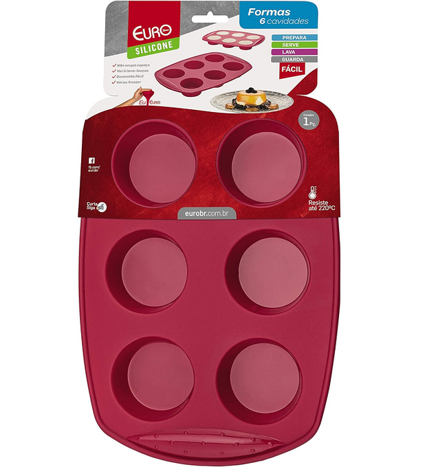 Forma para 6 Mini Bolos Redondos de Silicone, Euro, SIL2911-VM, Vermelho