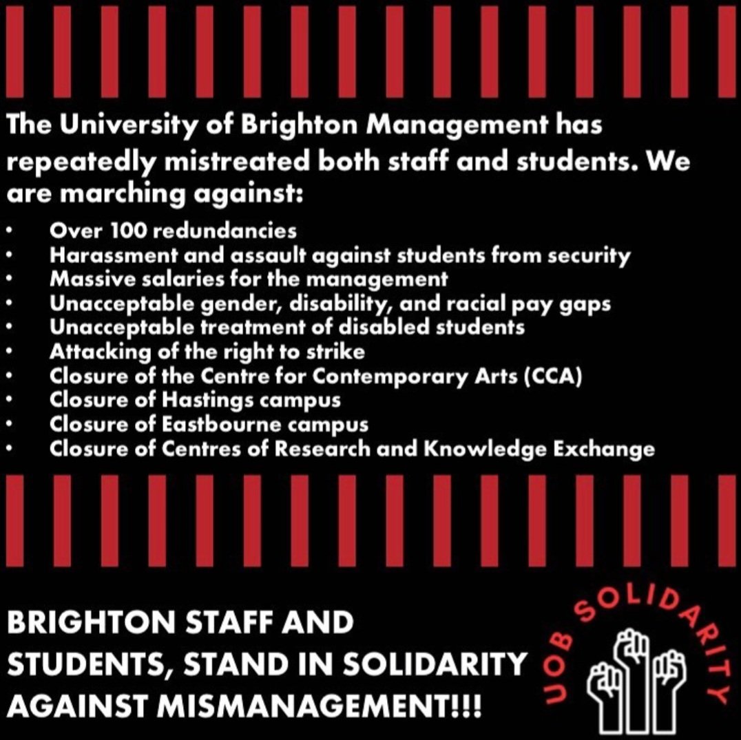 Join the march against @uniofbrighton management next Wednesday, 8th November organised by @UOBSolidarity. Demand better treatment for staff and students, a reversal of compulsory redundancies and an end to punitive action against @BrightonUCU members!

#SaveBrightonUni