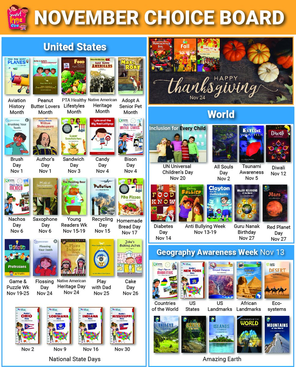 November is Peanut Butter Lovers Month and Native American Heritage Month. Check out the November Choice Board for themed reading choices from our 'Just Right' library of read-aloud educational books based on the learning sciences. #kids #kidsbooks #mobileapp #edtech #November