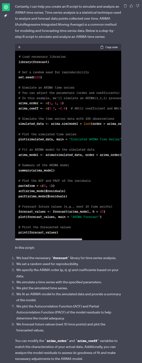 iHaqi_'s tweet image. از #CodeLlama ـی @AIatMeta کد آر برای شبیه‌سازی و تحلیل سری زمانی خواستم. چند سری پارامترهاش رو عوض کردم و این معقول‌ترین چیزی بود که تحویلم داد (و ۸۳ خط بعدیش تکرار خط‌های ۱۵-۳۰ جوابش بود، که تو نماگرفت نذاشتم).
مقایسه‌اش با خروجی چت‌جی‌پی‌تی-۳.۵ (نماگرفت دوم) و ۴ (نماگرفت سوم):