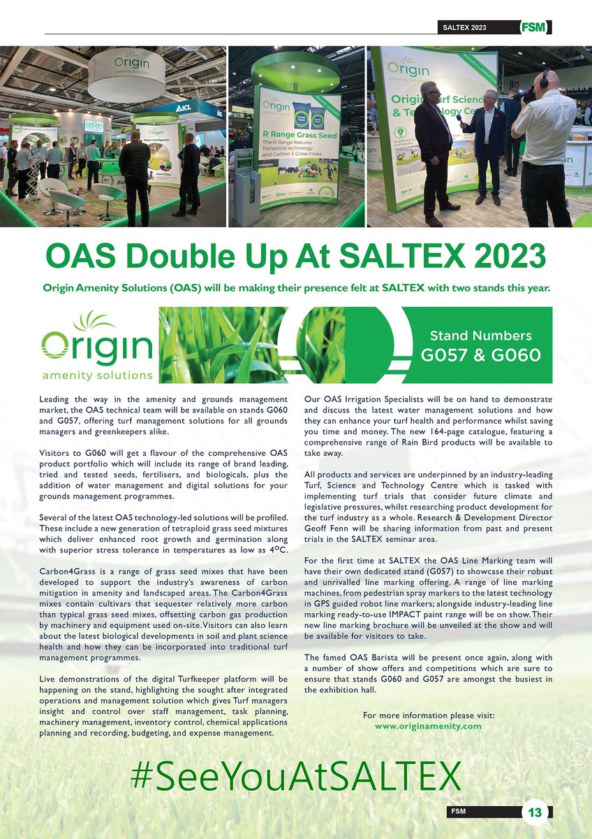 FSMmagazine1's tweet photo. It’s almost here! @SALTEX_show begins tomorrow with so many exhibitors &amp; #innovations to see!

Make sure you visit @OriginAmenity on their stands G060 &amp; G057 offering #turf management #solutions for all #GroundsManagers &amp; #greenkeepers.

➡️https://t.co/YHAQxYNGdB
#SALTEX #stadium https://t.co/ZkFLwwZ4pj