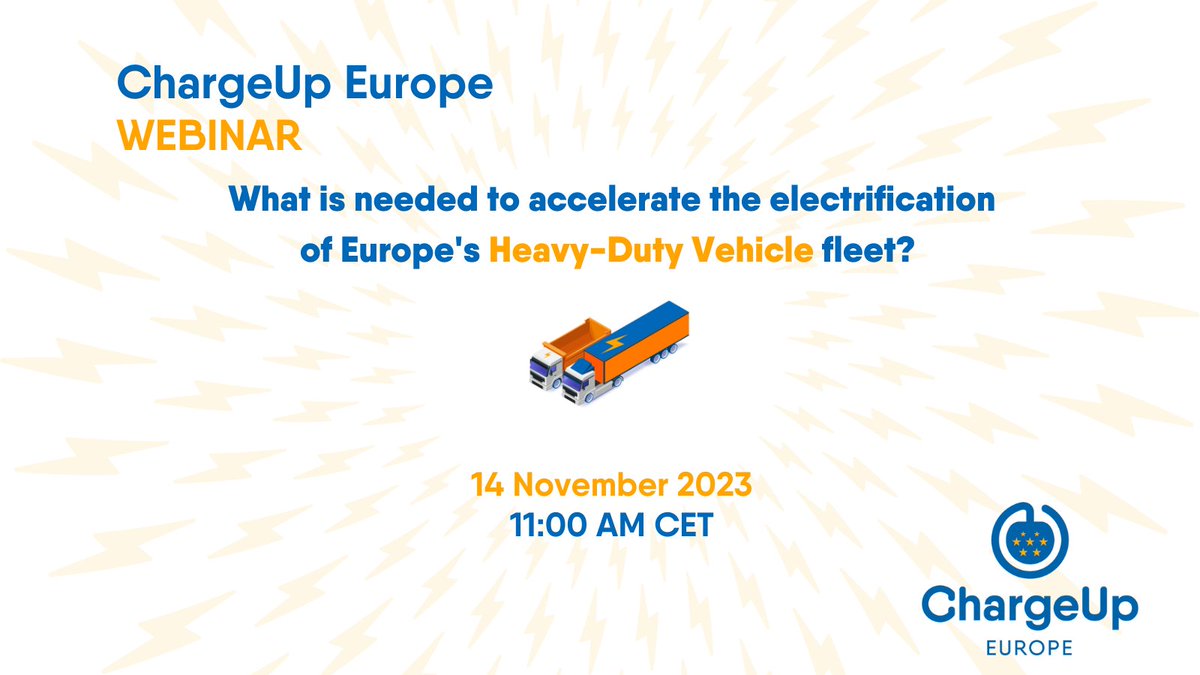 ChargeUp Europe Webinar Alert ⚡🚚
📆 Date: 14 November 2023
🕒 Time: 11AM CET
🌐 Location: Online
📚 Topic: "What is needed to accelerate the electrification of Europe's Heavy-Duty Vehicle fleet?"
Register here now:  events.teams.microsoft.com/event/43b2a143…

More details to follow soon! 🌎⚡