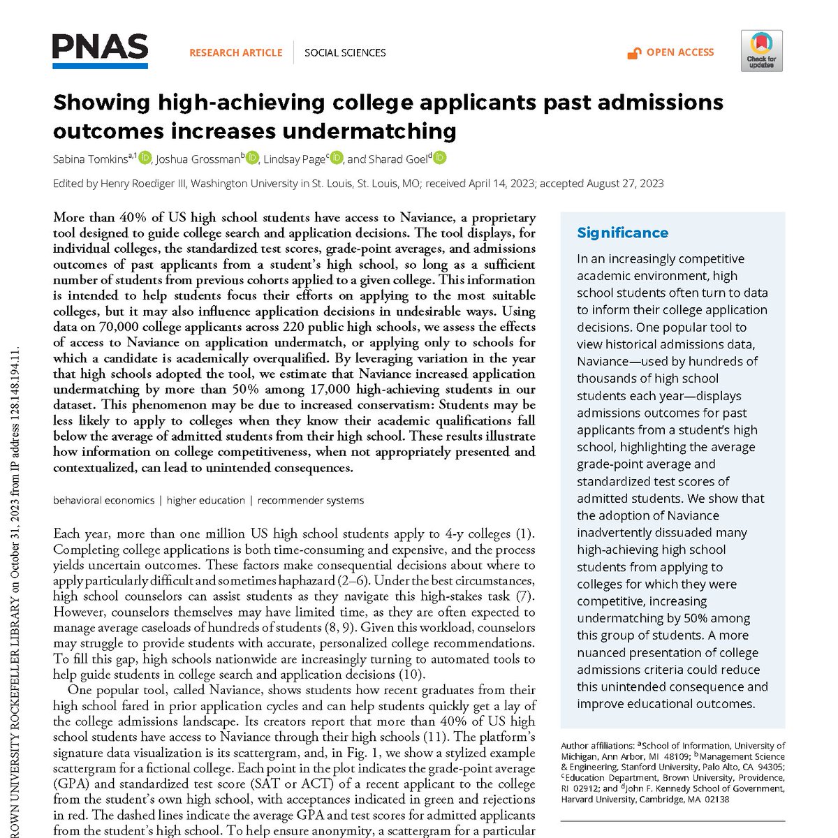 New paper from Annenberg faculty member @linzcpage and co-authors @soy_beana, @joshdgrossman, and @5harad: 'Showing high-achieving college applicants past admissions outcomes increases undermatching.' pnas.org/doi/10.1073/pn…