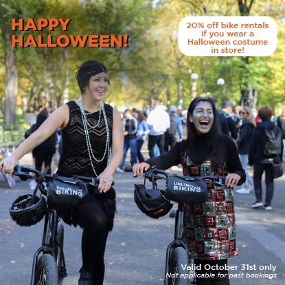 Celebrate #Halloween with a fall boo-cycle ride through NYC, Washington DC, Santa Monica, Miami Beach, San Francisco, San Diego, or Alexandria, Virginia! Wear your Halloween costume today, October 31st, to receive 20% off* your bike rental!