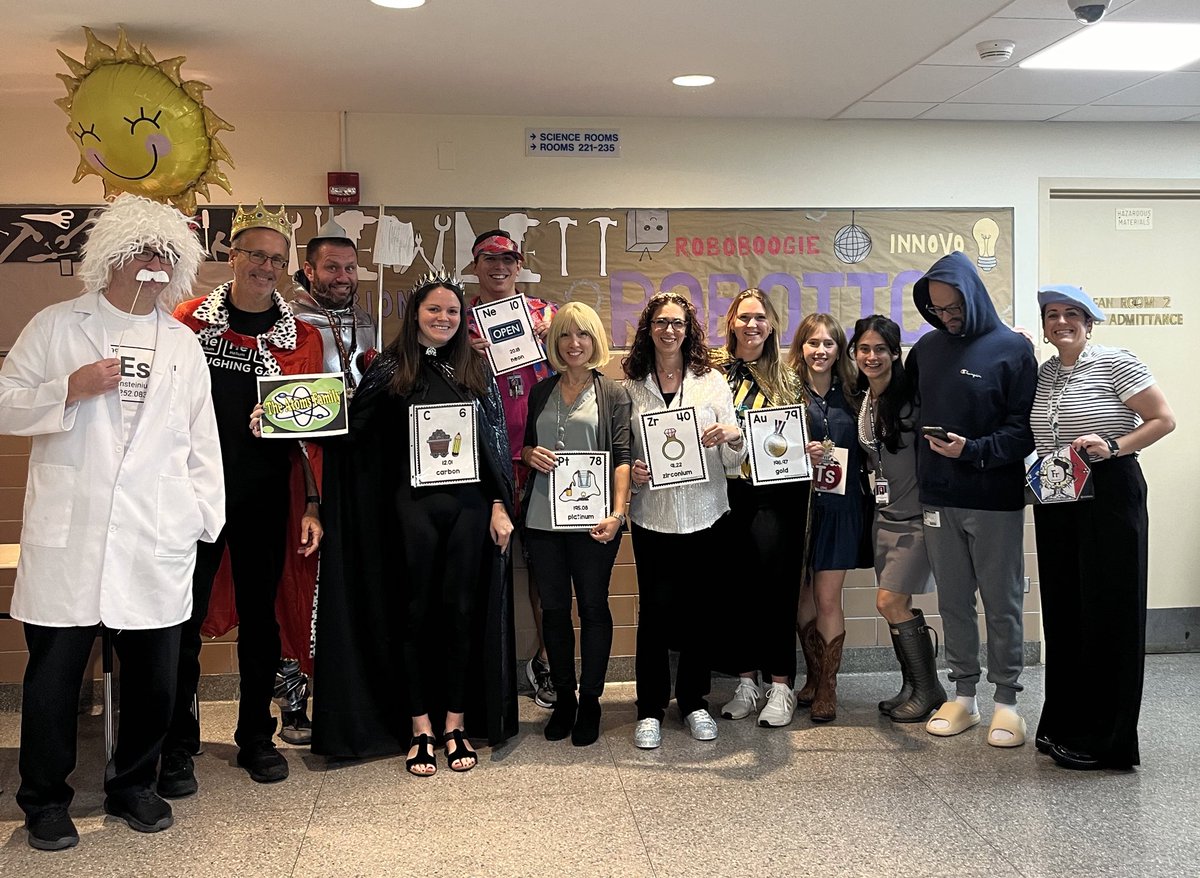 The science department at Hewlett HS transformed into the Atoms Family for Halloween! <a href="/Alexa_ndra_G/">Dr. Alexandra Greenberg</a> <a href="/Academics_HWPS/">Academics HWPS</a> <a href="/AmandaKavs/">Amanda Kavanagh</a> can you name all of the elements represented?