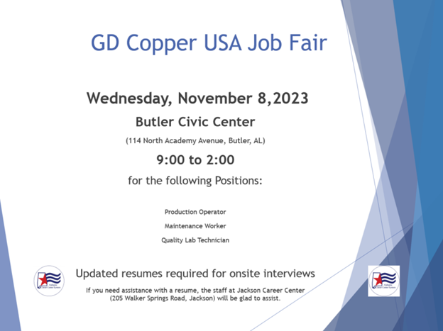 The Jackson Career Center is hosting a job fair for GD Copper November 8, 2023. Please click here to read more: adol.alabama.gov/2023/10/the-ja…