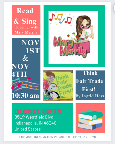 globalgiftsFT's tweet photo. Mary Merrily is coming to Global Gifts Nora! Mary Merrily sings &amp; reads to children to encourage them to explore their worlds. Through books, song, &amp; music Mary Merrily invites you all to come along to learn about Fair Trade. Come read 'Think Fair Trade First!' by Ingrid Hess https://t.co/JeeWAQlfHa