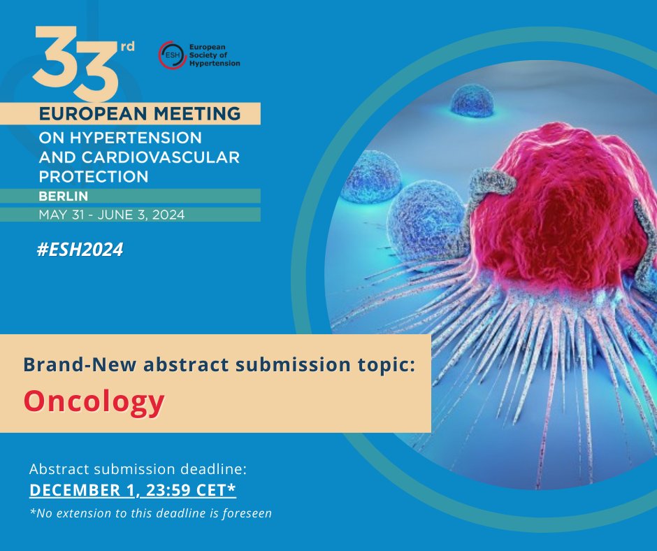 🚨Time is ticking! The abstract submission deadline to #ESH2024 is just 1 MONTH AWAY!⏳Discover the NEW list of topics, which include also 'Oncology'among others. Let's shape the future of hypertension research together! 👉bit.ly/3Fk2GTh @ESHypertension @KreutzReinhold