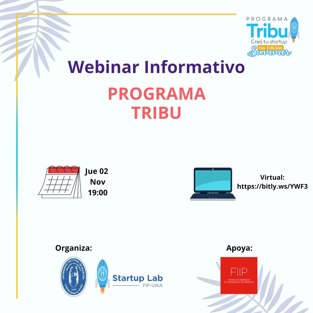 Este jueves tendremos un meet 🤩

Participá y conocé todo lo que trae esta edición de verano de nuestro programa de pre- incubación para startups, TRIBU 🚀

🗓️ jueves 02/11
⏰19:00 horas.
Link:  bitly.ws/YWF3
<a href="/fpuna/">Facultad Politécnica UNA</a> <a href="/RepresFPUNA/">Repres FPUNA</a> <a href="/GENParaguay/">GEN Paraguay</a> <a href="/KogaImpactLab/">Koga Impact Lab</a> <a href="/Miticpy/">MITIC Paraguay</a>