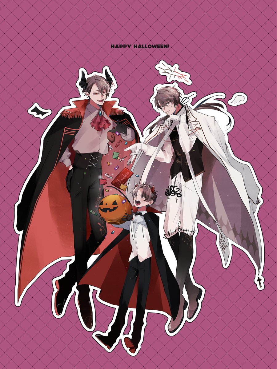 multiple boys horns vampire costume male focus cape 3boys candy  illustration images